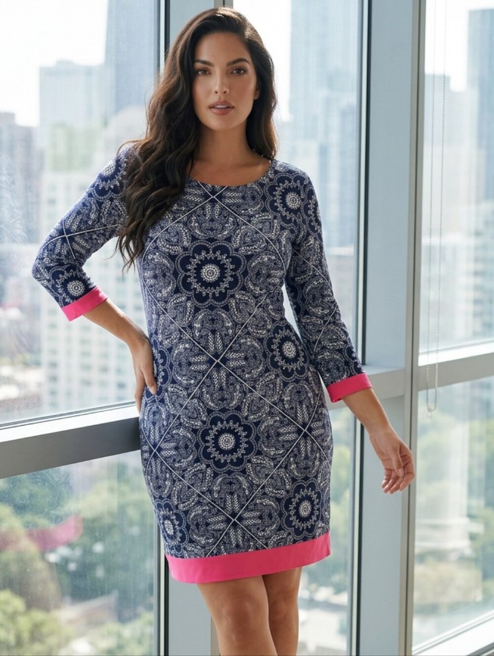 Neiman Marcus Navy Paisley Dress 12 Textured Jersey Pink Trim 3/4 Sleeve Shift
